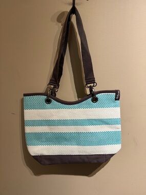 Thirty-One Canvas Crew Mini Straw Tote Turquoise Stripe NWOT
